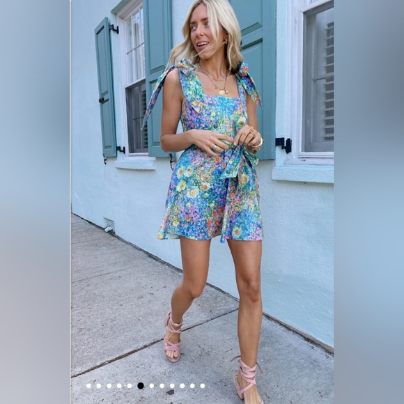 Show Me Your MuMu Blue Floral Mini Dress with Green Accents - Picture 2 of 7